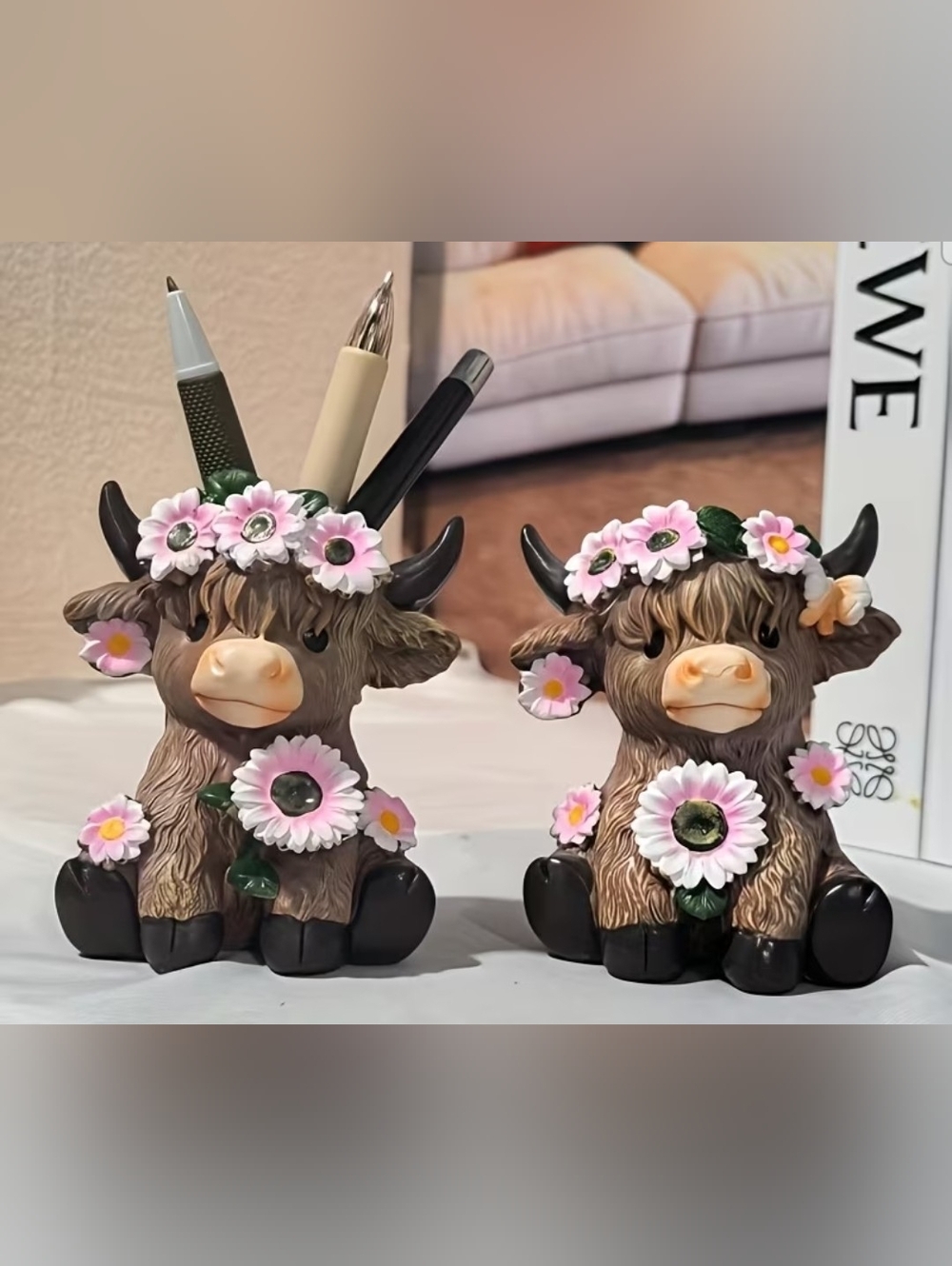 Adorable Brown Highland Cow Planters with Pink Flowers - Home Accents - Picture 4 of 5